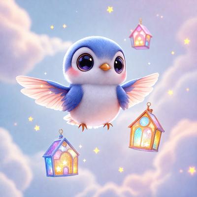 The primary subject of the image is a small, cute bird with a blue and white color scheme. The bird is perched on a cloud and surrounded by a few stars. The setting is a cloudy sky, and the visual style is a digital art or illustration. The colors and mood of the image are bright and cheerful, with the bird and the stars adding a sense of playfulness and whimsy to the scene.